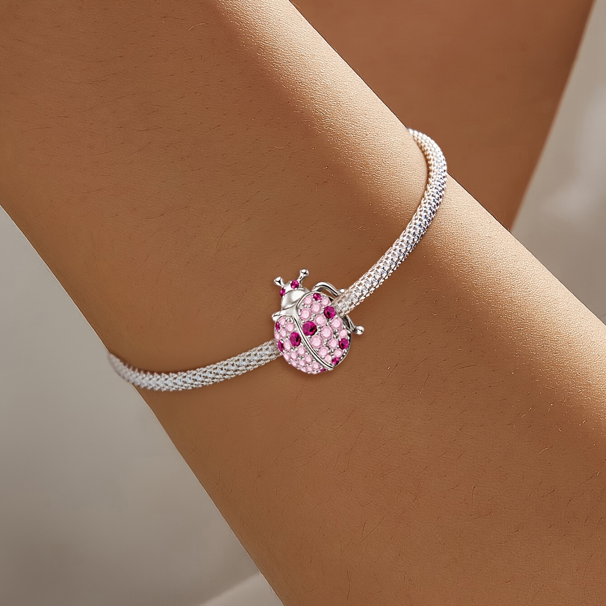 925 Silver Ladybug Bracelet Pink CZ Chain